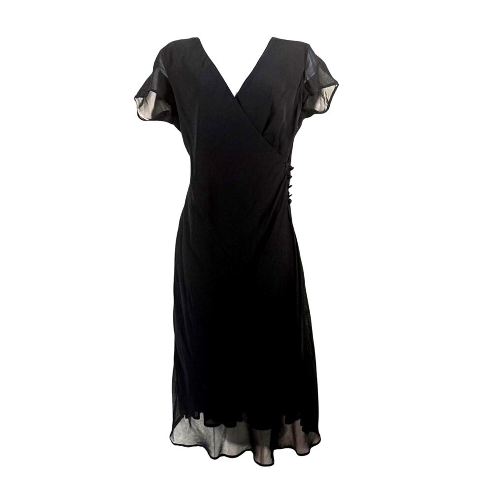 Vintage 90s Tessuto Black Flutter Sleeve Chiffon Button Front Wrap Dress Size M